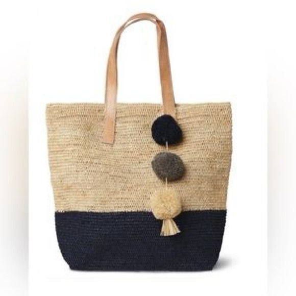 Mar Y Sol Montauk Color Block Raffia Tote (Navy) - Picture 1 of 4